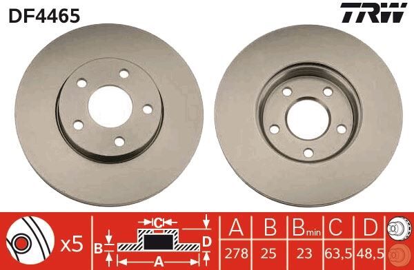 TRW DF4465 ON FREN AYNASI DISK FOCUS III 11> FOCUS II 04>11 C MAX 03>07 VOLVO C30 06>12 C70 II 06>13 S40 II 04>12 V50 05>12 278x25x5DLxHVLI