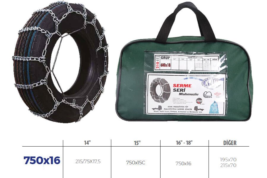 KNK3 750X16 PATİNAJ ZİNCİRİ MİNİBÜS VE KAMYONET SERME 750x16 ZİNCİR EBATLARI İÇİN RESİME BAKINIZ