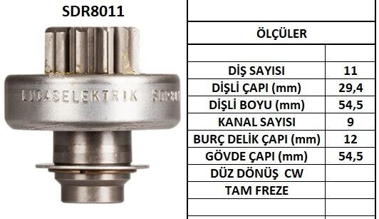 LUCAS SDR8011 MARŞ DİŞLİSİ 11 DİŞ-9 KANAL ZEN 1023 PEUGEOT-CITROEN-RENAULT PARTNER-BERLINGO-P405D VOLVO JPX JEEP