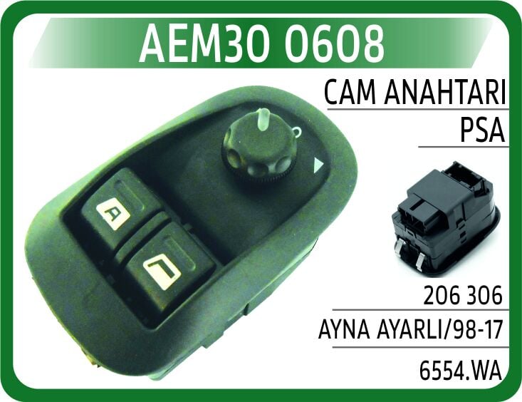 AEM30 0608 CAM AÇMA ANAHTARI SOL PEUGEOT 206-PARTNER 98-07 ÇİFTLİ-ÇERÇEVELİ - AYNA AYARLI