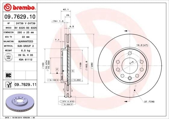 BREMBO 09762910 ÖN FREN AYNASI ASTRA H 04 > COMBO C 03> MERIVA B 10> ZAFIRA B 05> 280x25x5DL HAVALI 95526655