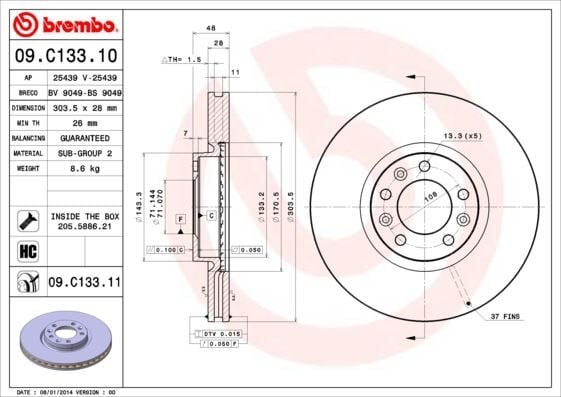 BREMBO 09C13311 ÖN FREN AYNASI ASTRA L 21> GRANDLAND-COMBO E 19> PARTNER-BERLINGO 18>-508 18>-5008-308-3008-C4-C5- 408 22> 304x28x5DL HAVALI