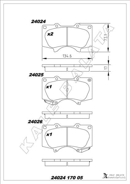 KALE 24024 170 05 ANS KD20 BALATA ÖN 4RUNNER V-HILUX VII.VIII-LAND CRUISER 200-LAND CRUISER PRADO 04-