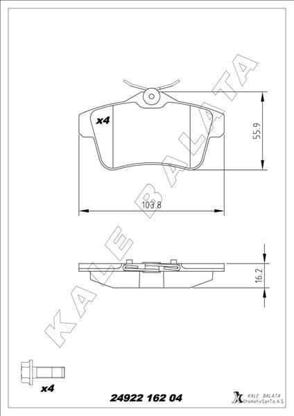 KALE 24922 162 04 ANS KD13 ARKA FREN BALATASI PEUGEOT P3008 09>16 P5008 09>17 P508 10>18 P308 GTI-RZC 10>14 CITROEN C4 09>16 DS4-DS5 11>15