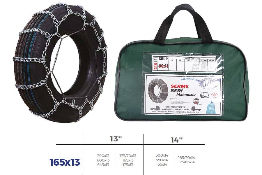 KNK2 165X13 PATİNAJ ZİNCİRİ BİNEK VE HAFİF TİC.ARAÇ SERME 13-14 JANT 590x13 ZİNCİR EBATLARI İÇİN RESİME BAKINIZ