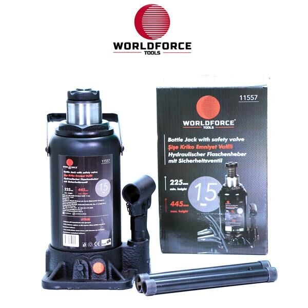 WORLDFORCE 11557 HİDROLİK ŞİŞE KRİKOSU 15 TON 225-445MM GARAJ EKİPMANLARI HIRDAVAT