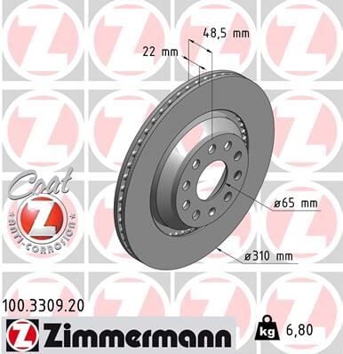 ZIMMERMANN 100.3309.20 ARKA FREN AYNASI GOLF V-VI-PASSAT 07/05>VARIANT 05>EOS 06>A3 03>SCIROCCO 08> 310x22x9DLxHAVALI 986479303-DF4754